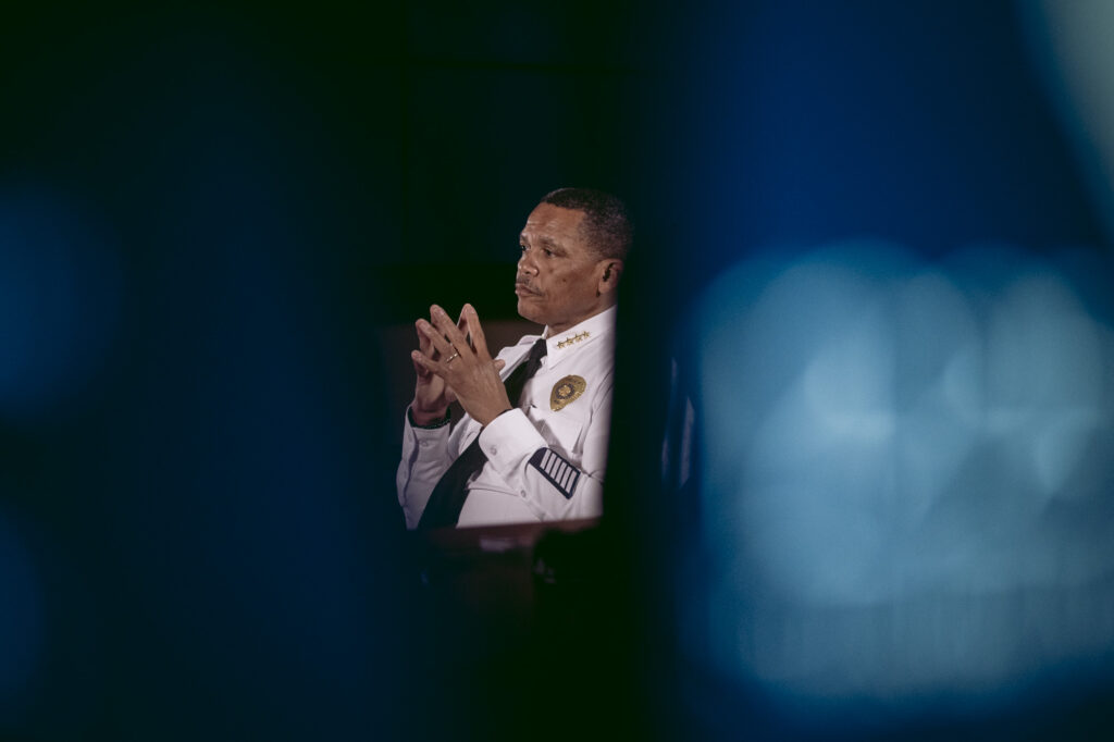 CMPD Chief Johnny Jennings discusses his pending retirement in a May 22, 2025 interview. (Photo by Logan Cyrus)