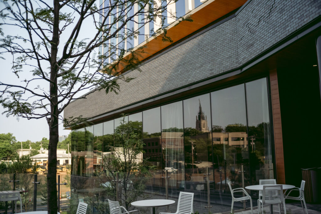 Morning reflections at patio outside of “the Assembly” at The Pearl. Photo by Logan Cyrus