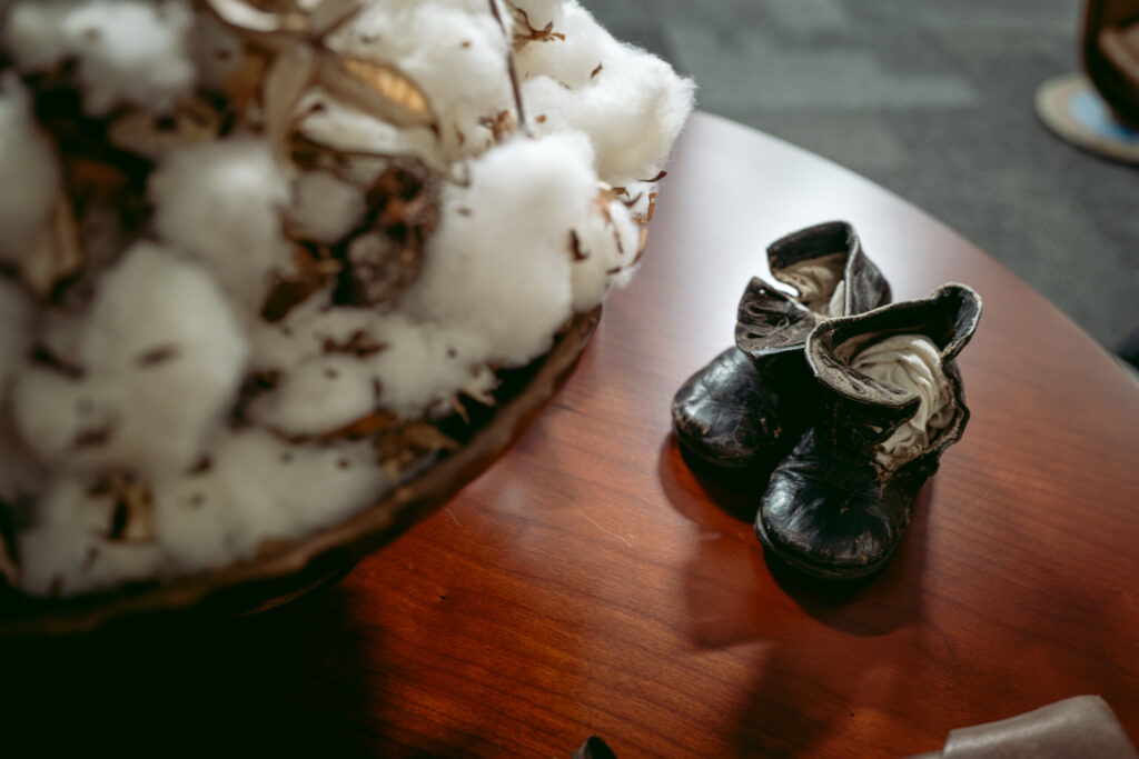 Bowl of cotton and shoes in Garry McFadden's office
