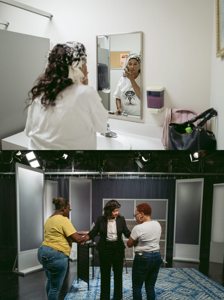 ABOVE: Shanita Poe applies some make-up in the stations restroom before taping. BELOW: The show’s director, Vonne Bowman, helps Poe with her sleeves on set. Photos by Logan Cyrus