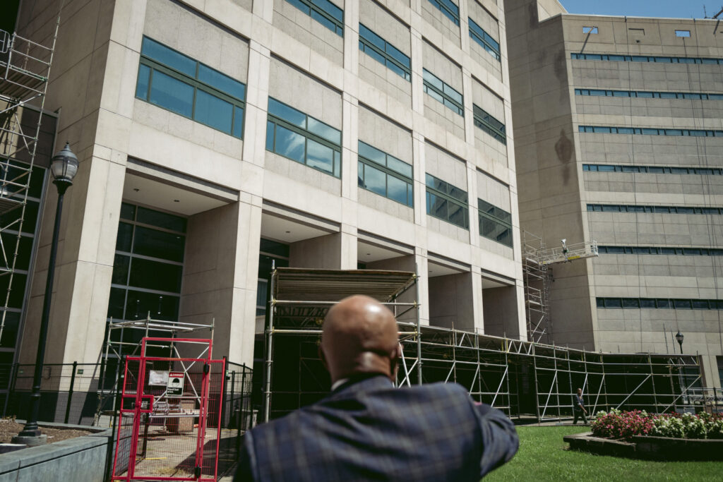 Garry McFadden looking at construction outside the Mecklenburg Detention Center